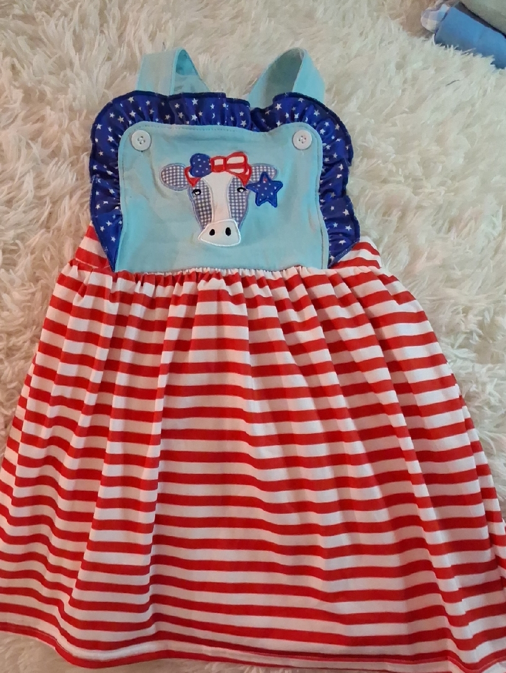 Girls Red & White Striped Sundress with Light Blue Bodice and Cow Applique